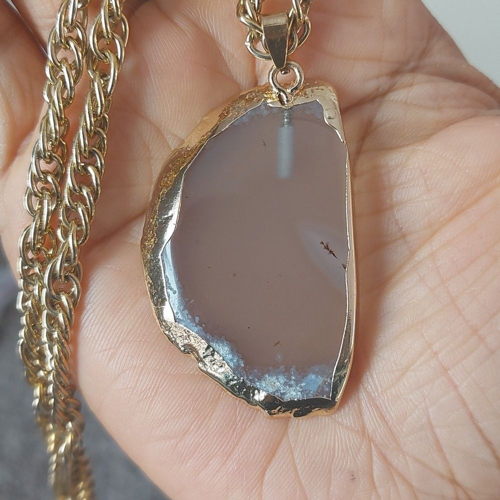 Natural Agate Slab Gold Gilded Pendant On Gold Tone Twist Chain Necklace - Picture 5 of 7